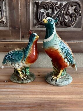 Vintage Hand-Painted Ceramic Quail Figurines in Green and Rust